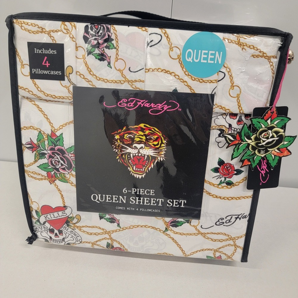 NEW Ed Hardy Queen Sheet Bed Set 6-Piece Tiger Skull Rose Tattoo‎ Heart Print